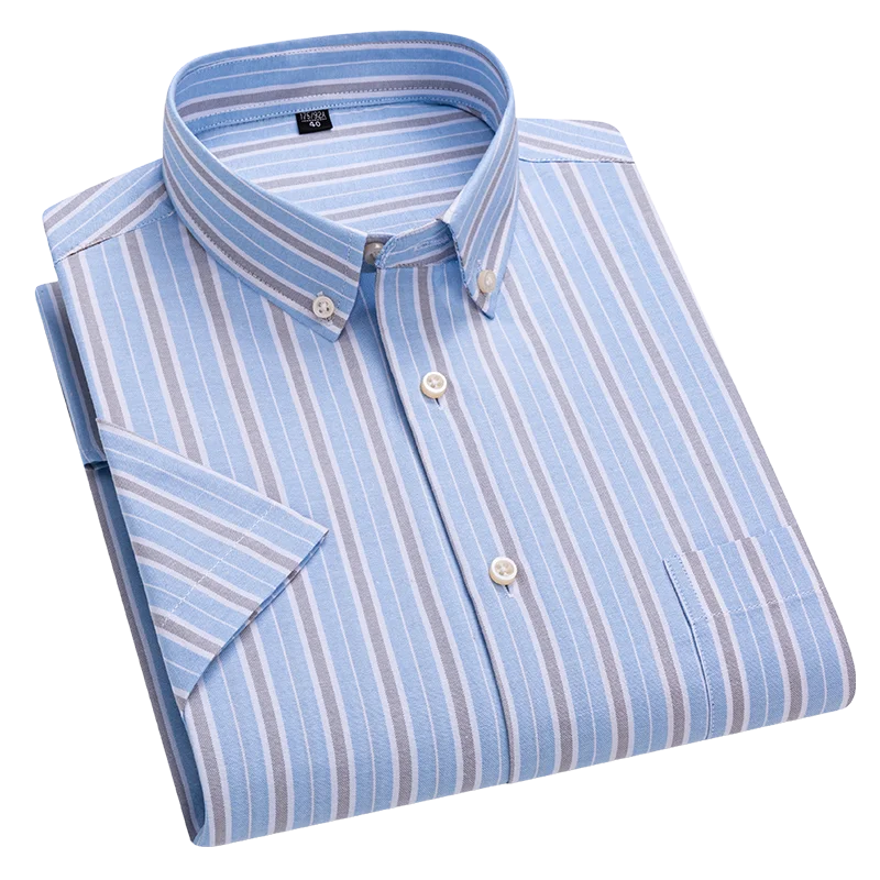Cotton Summer Stripe Shirts Short Sleeve Oxford Plaid Slim Fit