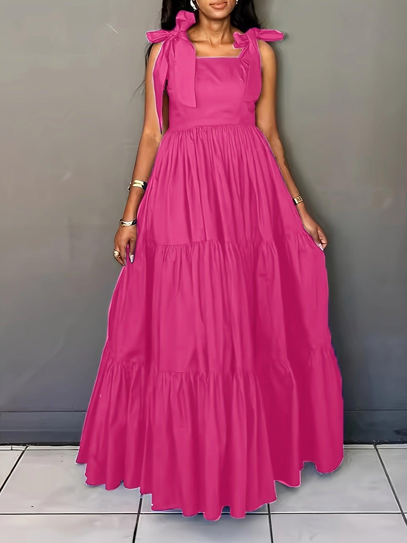 Solid Color Tie Shoulder Dress Sleeveless Tiered Hem Floor Length Dress-Elegant Fashion Styles