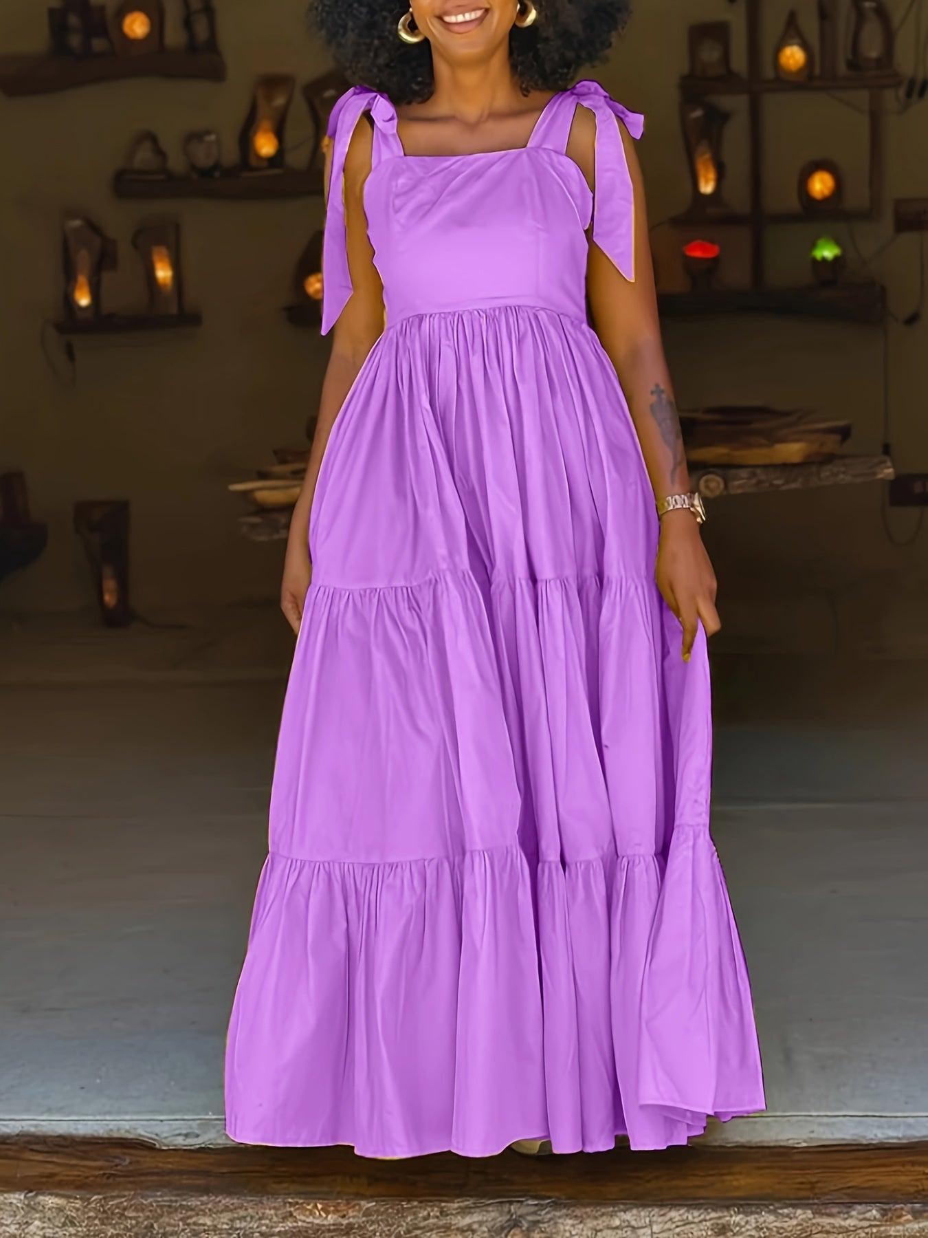 Solid Color Tie Shoulder Dress Sleeveless Tiered Hem Floor Length Dress-Elegant Fashion Styles