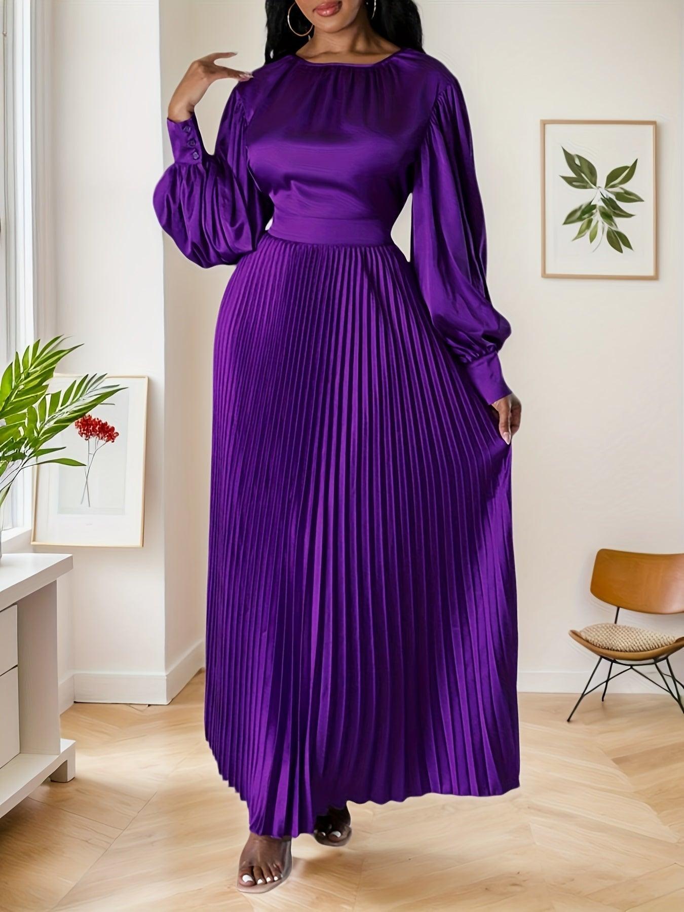 Elegant Women Long Skirt Round Neck Pleated High Waisted Long Sleeved Synthetic Silky Dress Spring Summer, Party Outfit-Elegant Fashion Styles