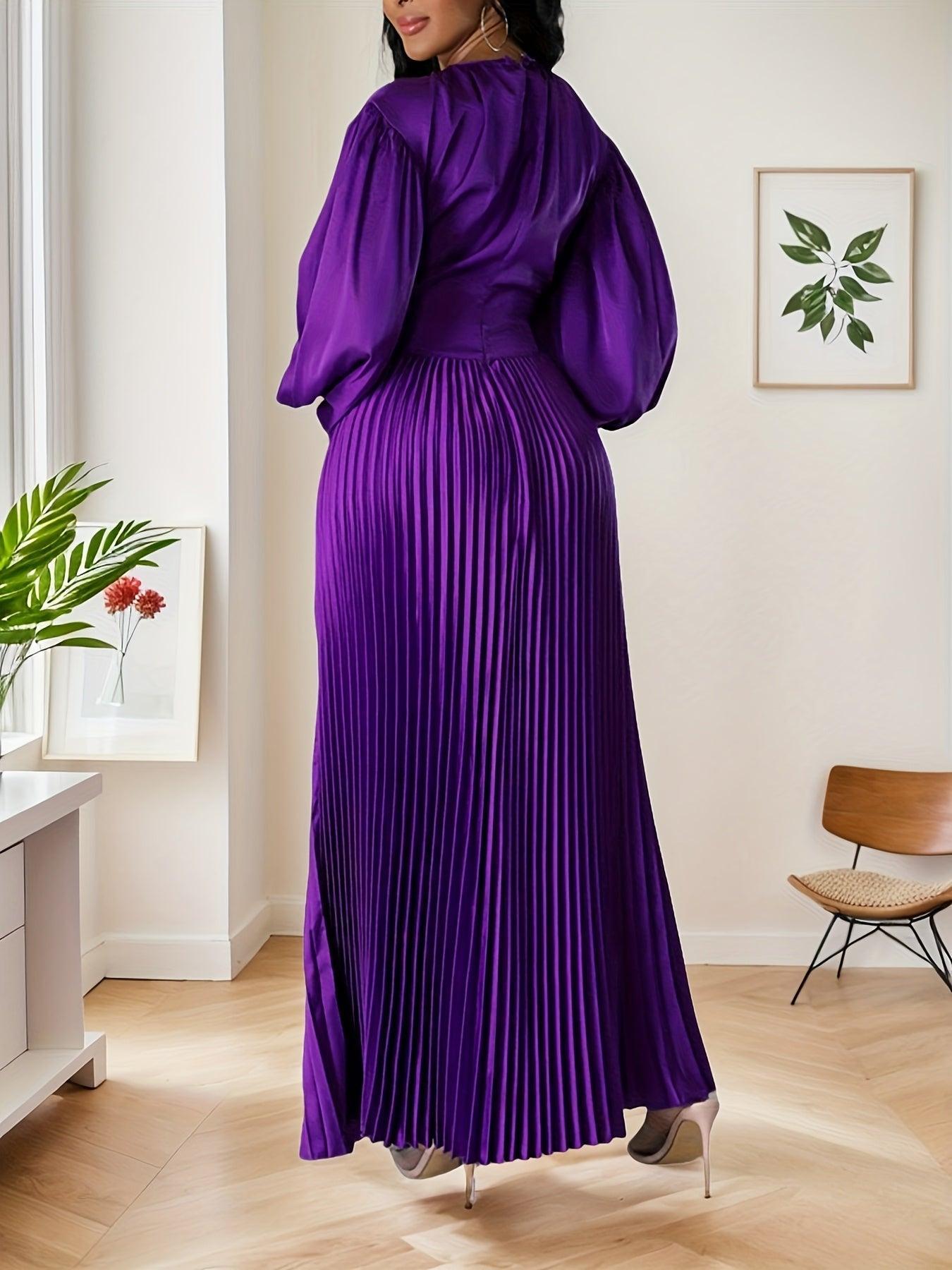 Elegant Women Long Skirt Round Neck Pleated High Waisted Long Sleeved Synthetic Silky Dress Spring Summer, Party Outfit-Elegant Fashion Styles