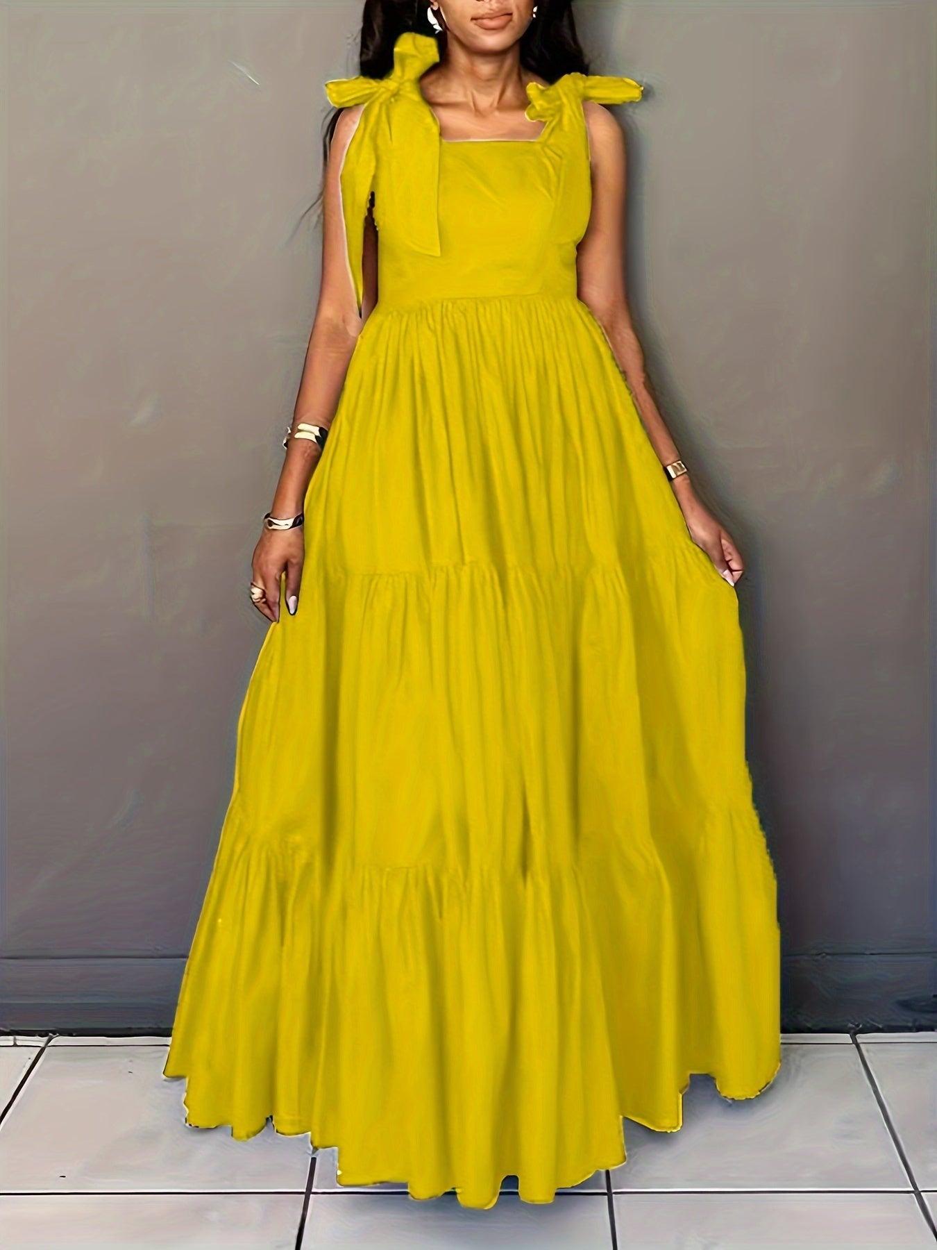 Solid Color Tie Shoulder Dress Sleeveless Tiered Hem Floor Length Dress-Elegant Fashion Styles