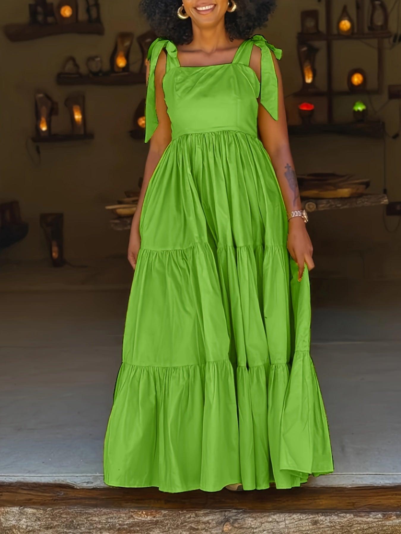 Solid Color Tie Shoulder Dress Sleeveless Tiered Hem Floor Length Dress-Elegant Fashion Styles