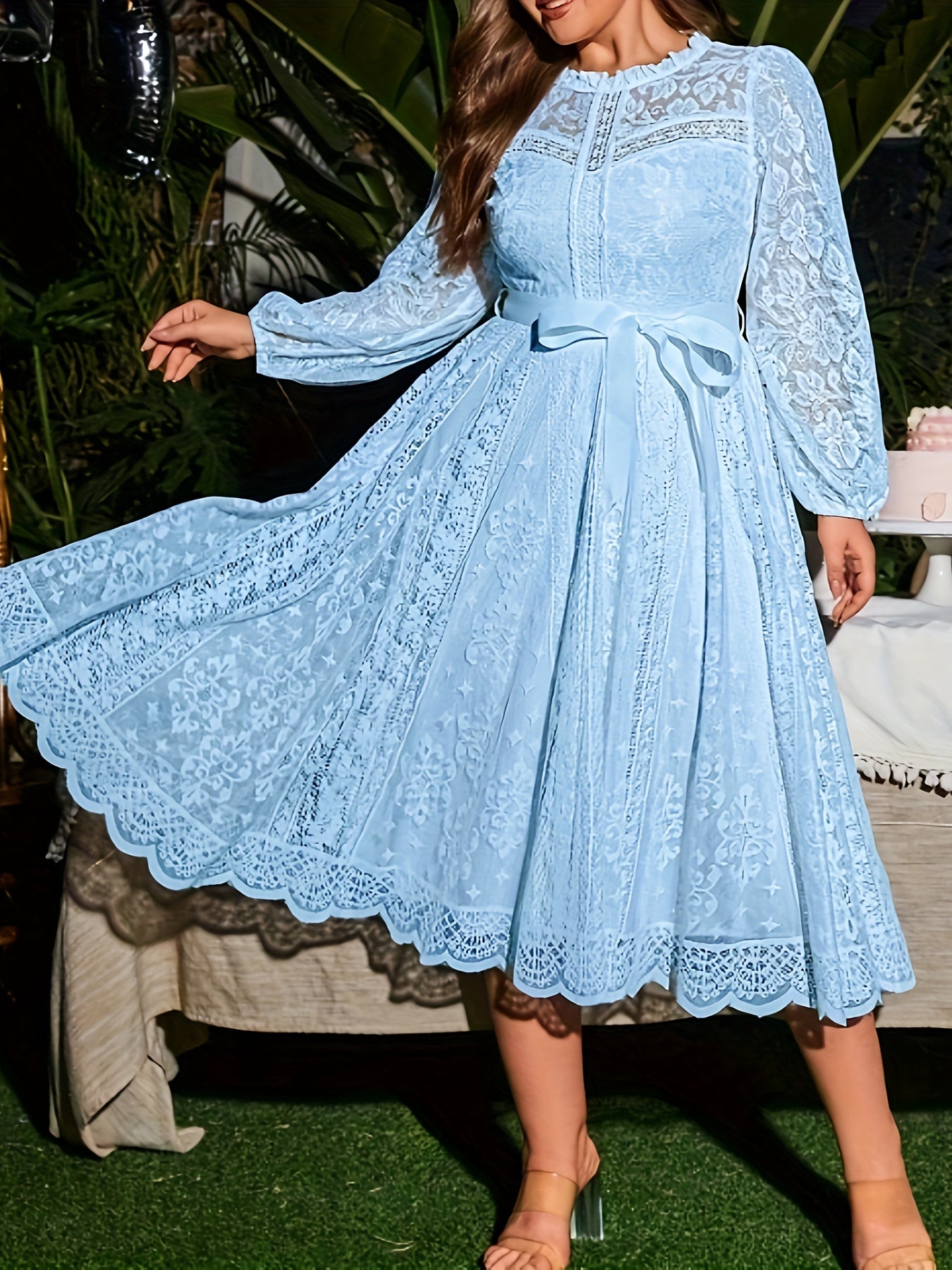 Plus Size Elegant Lace Dress High-Low Hem Tie Waist With Lantern Sleeves-Elegant Fashion Styles