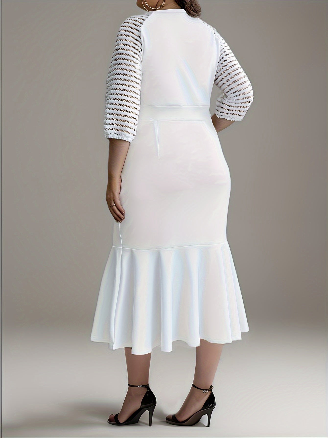 White Plus Size Womens Elegant Midi Mermaid Dress Half Sleeve Crew Neck-Elegant Fashion Styles