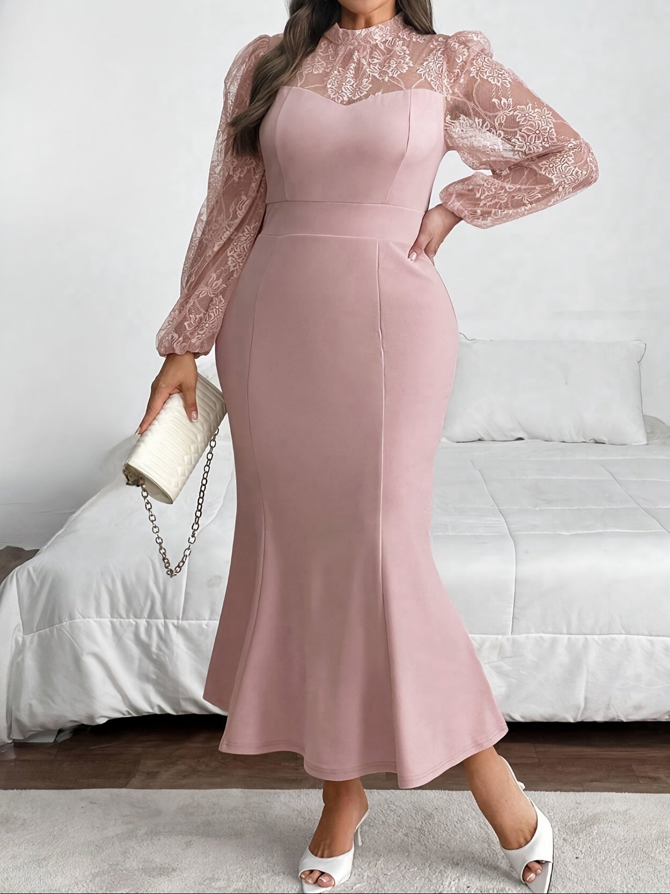 Elegant Midi Tunic Dress Stand Collar Long Regular Sleeves Trapeze Hem Loose Fit-Elegant Fashion Styles