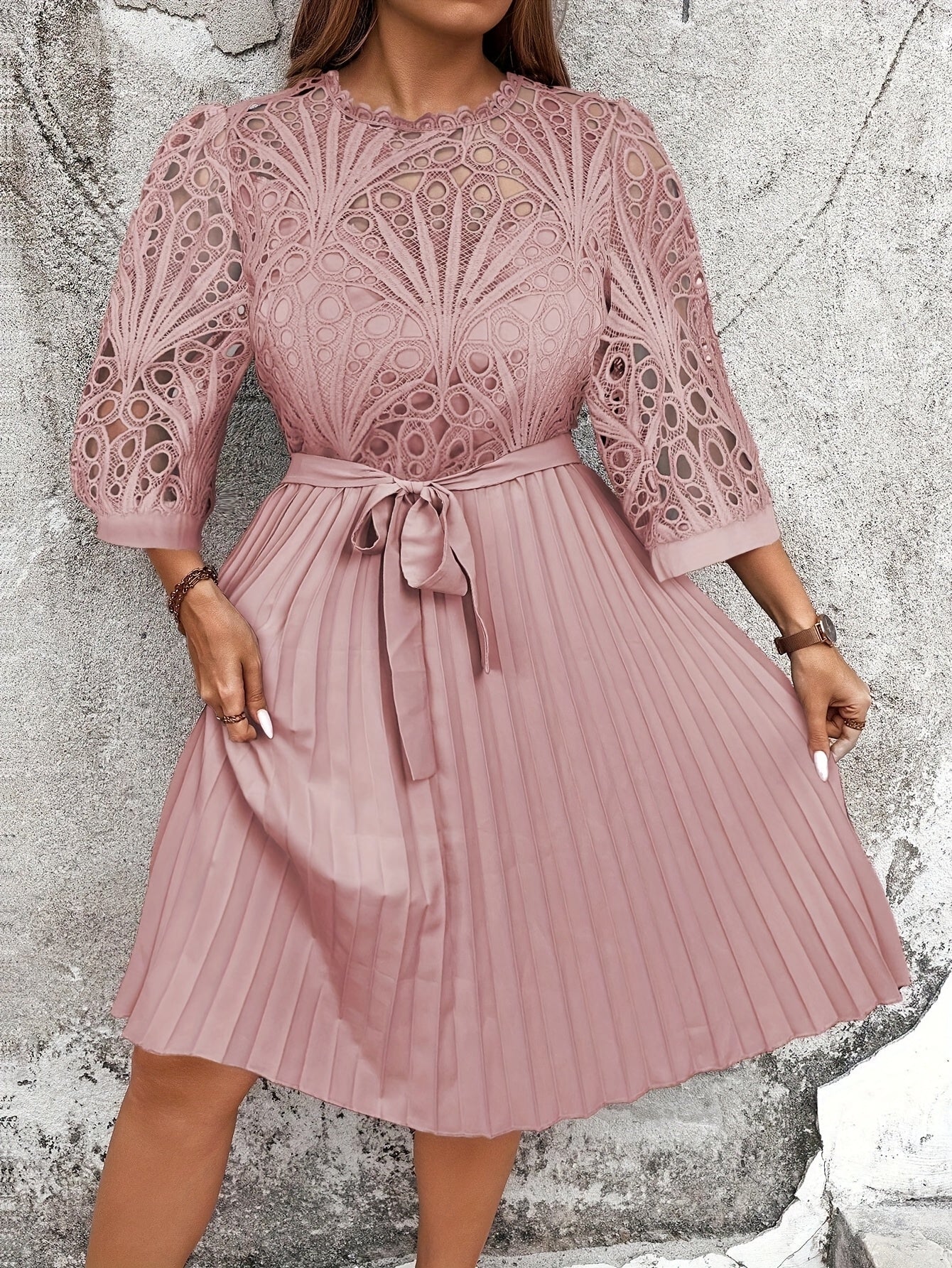 Pink Pleated Midi Dress with Lace Detailing Long Sleeves Belt Cute Dress-Elegant Fashion Styles