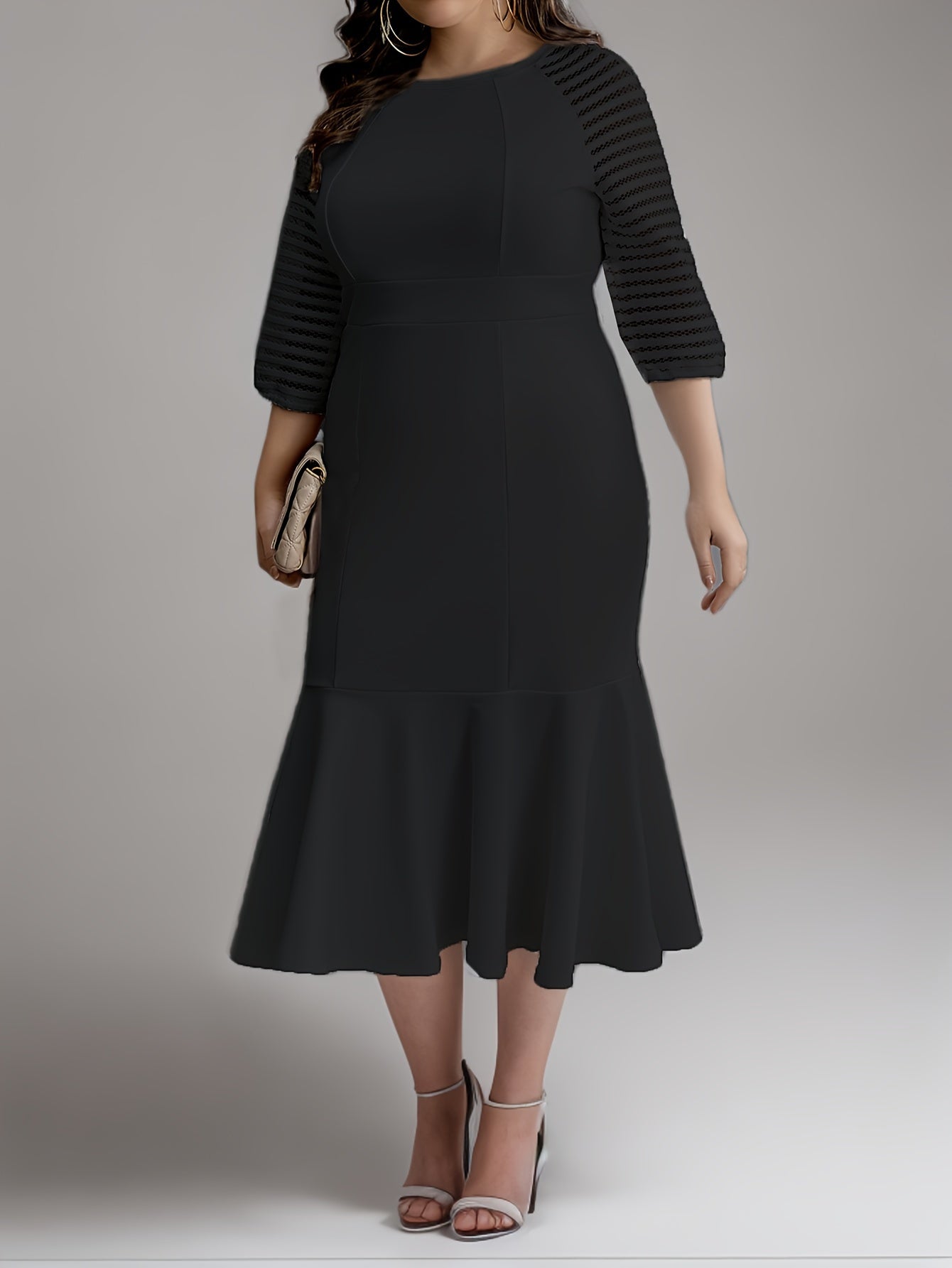 White Plus Size Womens Elegant Midi Mermaid Dress Half Sleeve Crew Neck-Elegant Fashion Styles