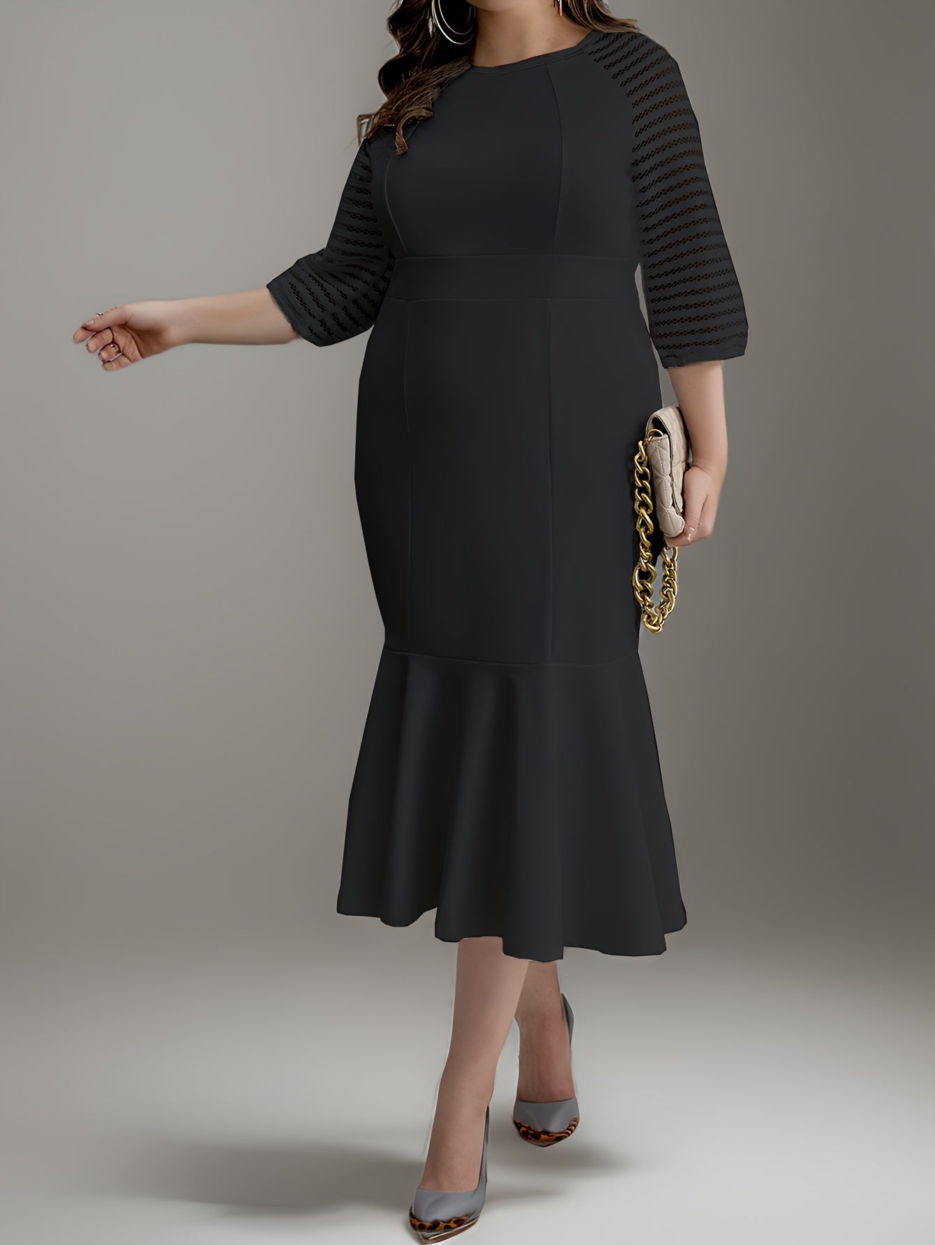 White Plus Size Womens Elegant Midi Mermaid Dress Half Sleeve Crew Neck-Elegant Fashion Styles