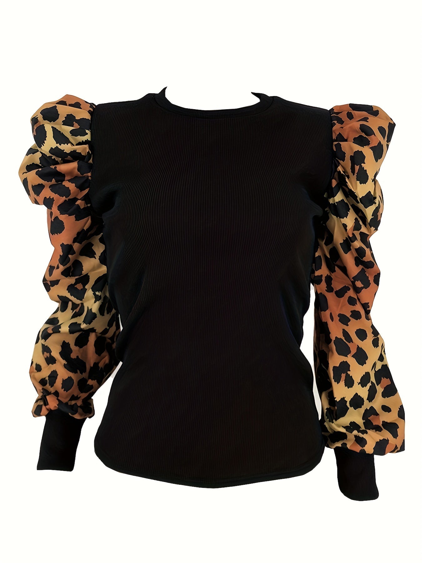 Leopard Print Crew Neck T-Shirt Puff Sleeve Women's Clothing-Elegant Fashion Styles