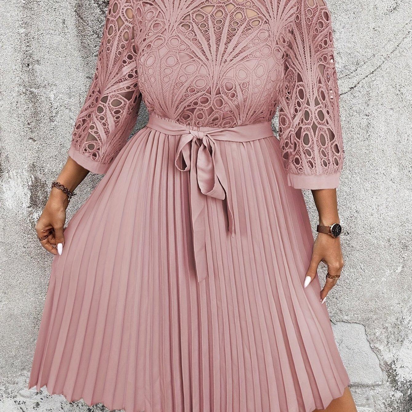 Pink Pleated Midi Dress with Lace Detailing Long Sleeves Belt Cute Dress-Elegant Fashion Styles