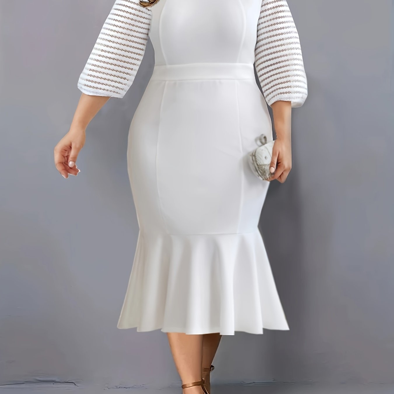 White Plus Size Womens Elegant Midi Mermaid Dress Half Sleeve Crew Neck-Elegant Fashion Styles