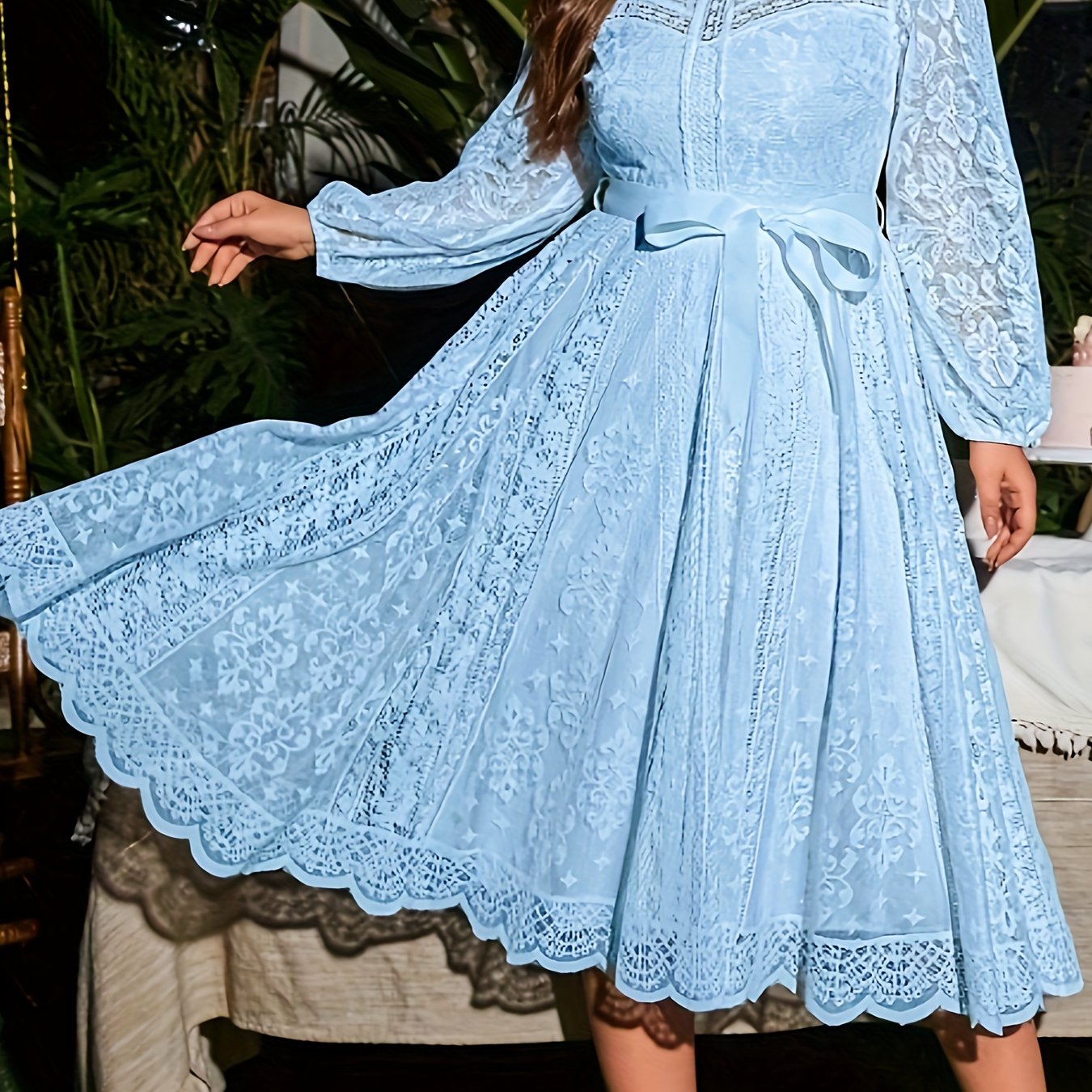 Plus Size Elegant Lace Dress High-Low Hem Tie Waist With Lantern Sleeves-Elegant Fashion Styles