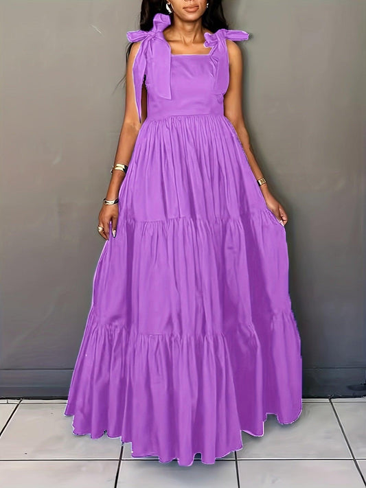 Solid Color Tie Shoulder Dress Sleeveless Tiered Hem Floor Length Dress-Elegant Fashion Styles