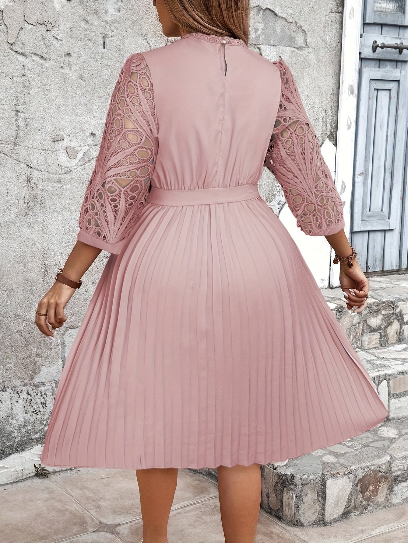 Pink Pleated Midi Dress with Lace Detailing Long Sleeves Belt Cute Dress-Elegant Fashion Styles