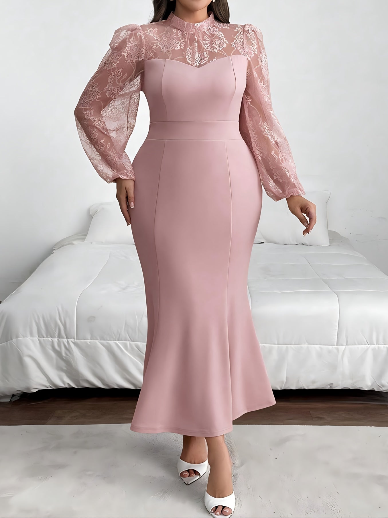 Elegant Midi Tunic Dress Stand Collar Long Regular Sleeves Trapeze Hem Loose Fit-Elegant Fashion Styles