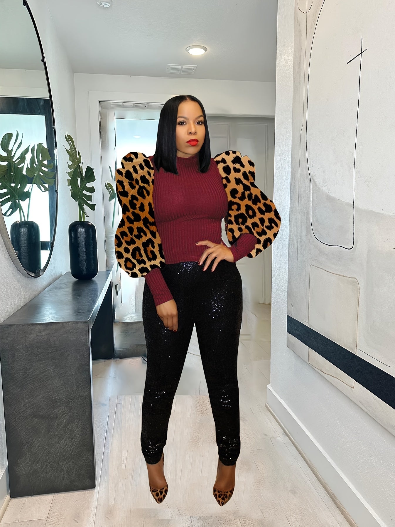 Leopard Print Crew Neck T-Shirt Puff Sleeve Women's Clothing-Elegant Fashion Styles