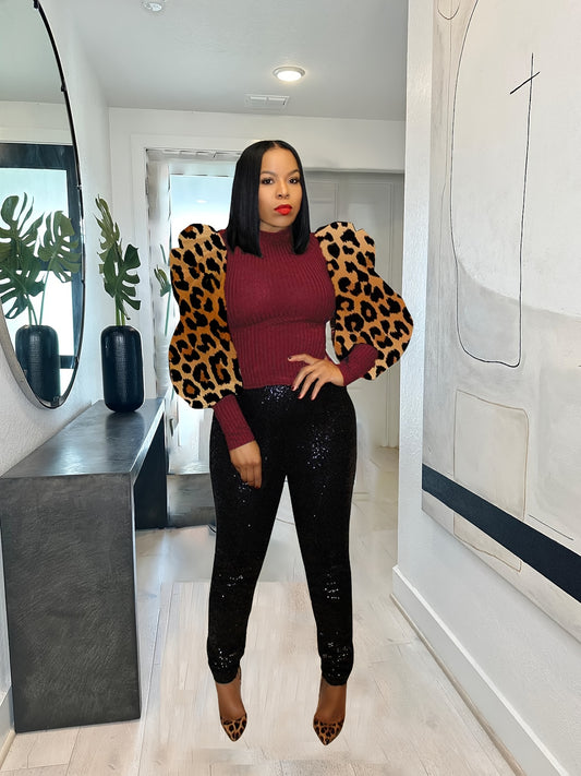 Leopard Print Crew Neck T-Shirt Puff Sleeve Women's Clothing-Elegant Fashion Styles