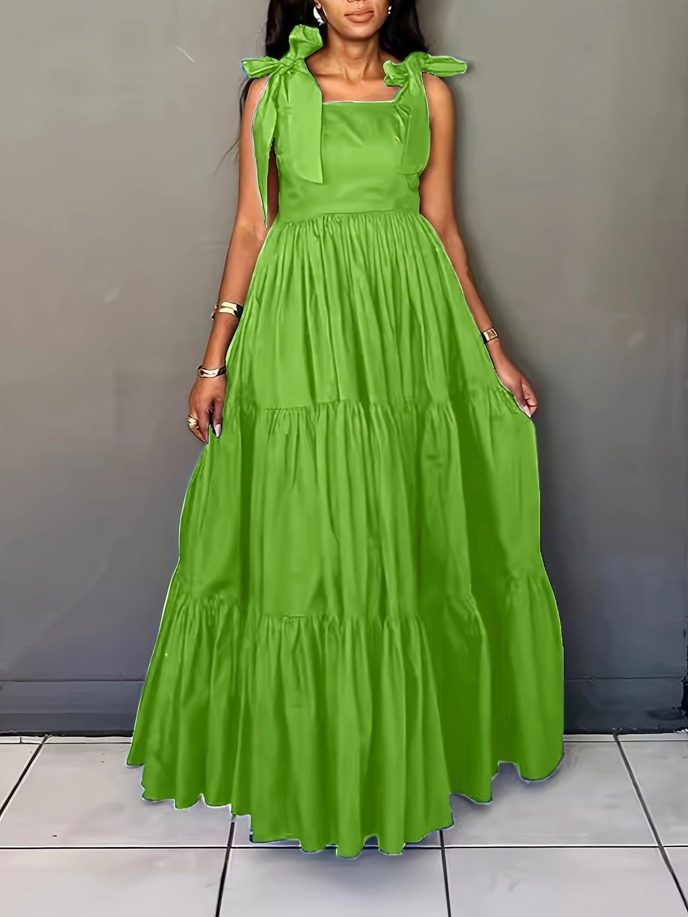 Solid Color Tie Shoulder Dress Sleeveless Tiered Hem Floor Length Dress-Elegant Fashion Styles