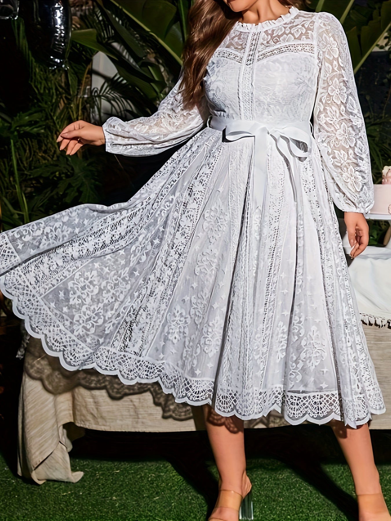 Plus Size Elegant Lace Dress High-Low Hem Tie Waist With Lantern Sleeves-Elegant Fashion Styles