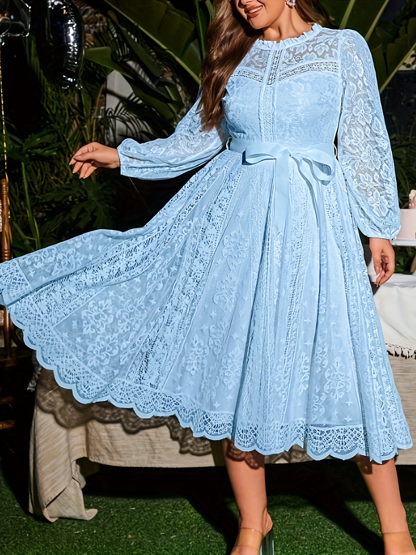 Plus Size Elegant Lace Dress High-Low Hem Tie Waist With Lantern Sleeves-Elegant Fashion Styles