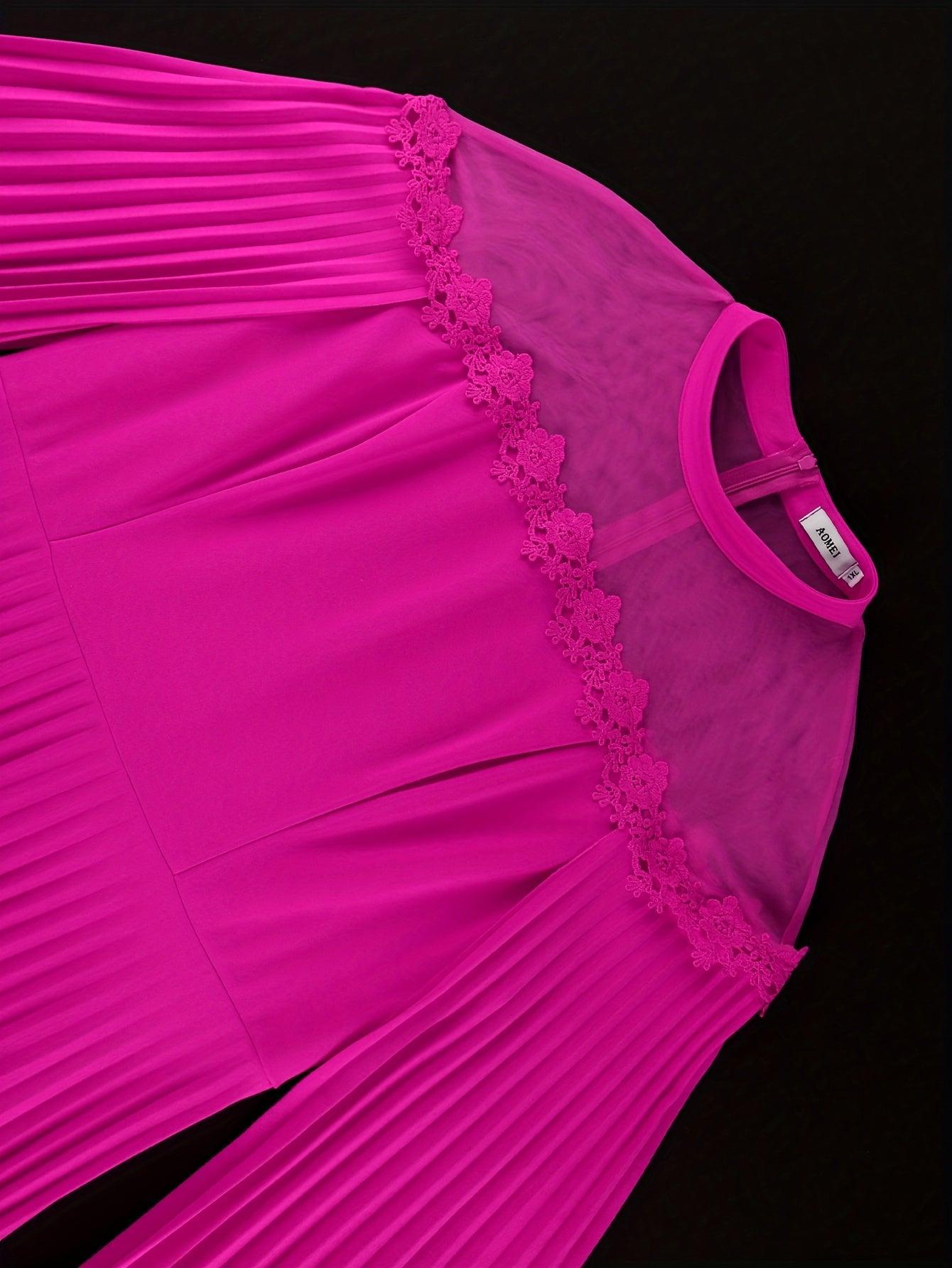 Pink Pleated Maxi Dress Flare Sleeves Mock Neck Chic A-Line Flowy Evening Gown-Elegant Fashion Styles