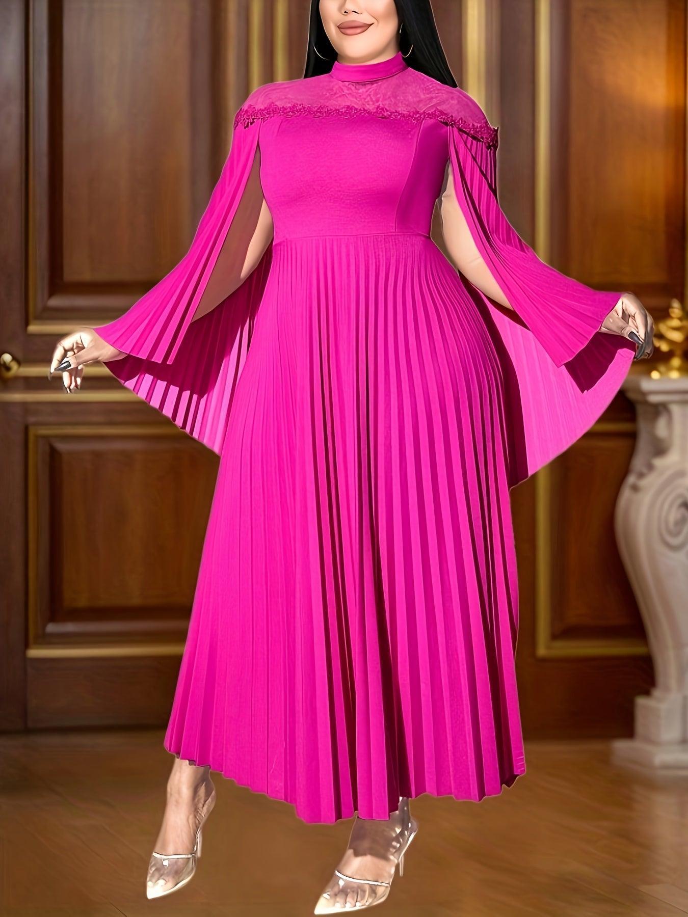Pink Pleated Maxi Dress Flare Sleeves Mock Neck Chic A-Line Flowy Evening Gown-Elegant Fashion Styles