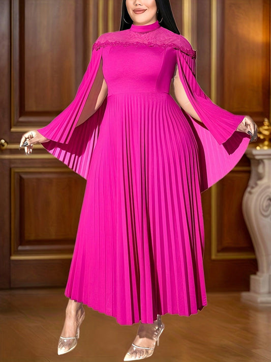 Pink Pleated Maxi Dress Flare Sleeves Mock Neck Chic A-Line Flowy Evening Gown-Elegant Fashion Styles