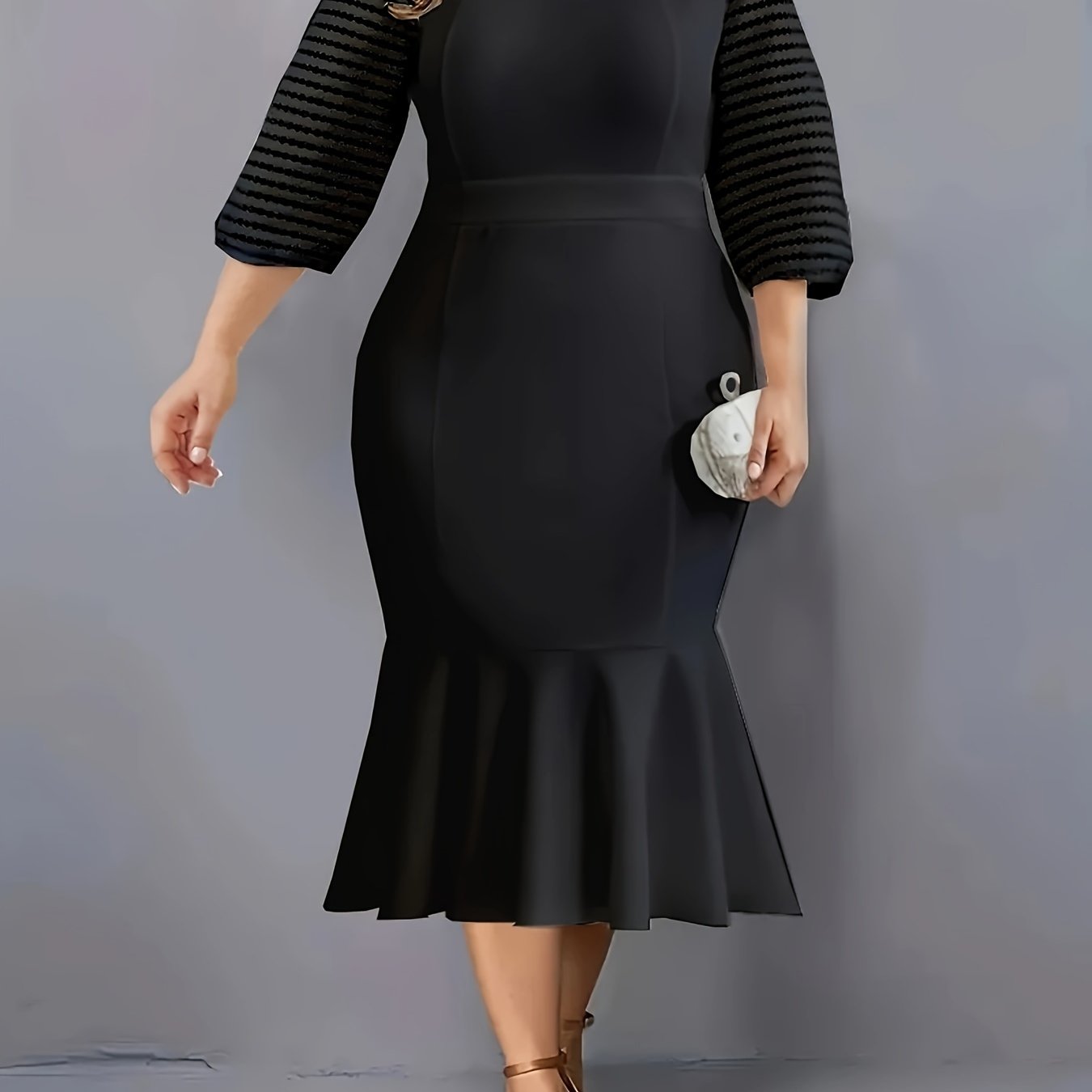 White Plus Size Womens Elegant Midi Mermaid Dress Half Sleeve Crew Neck-Elegant Fashion Styles