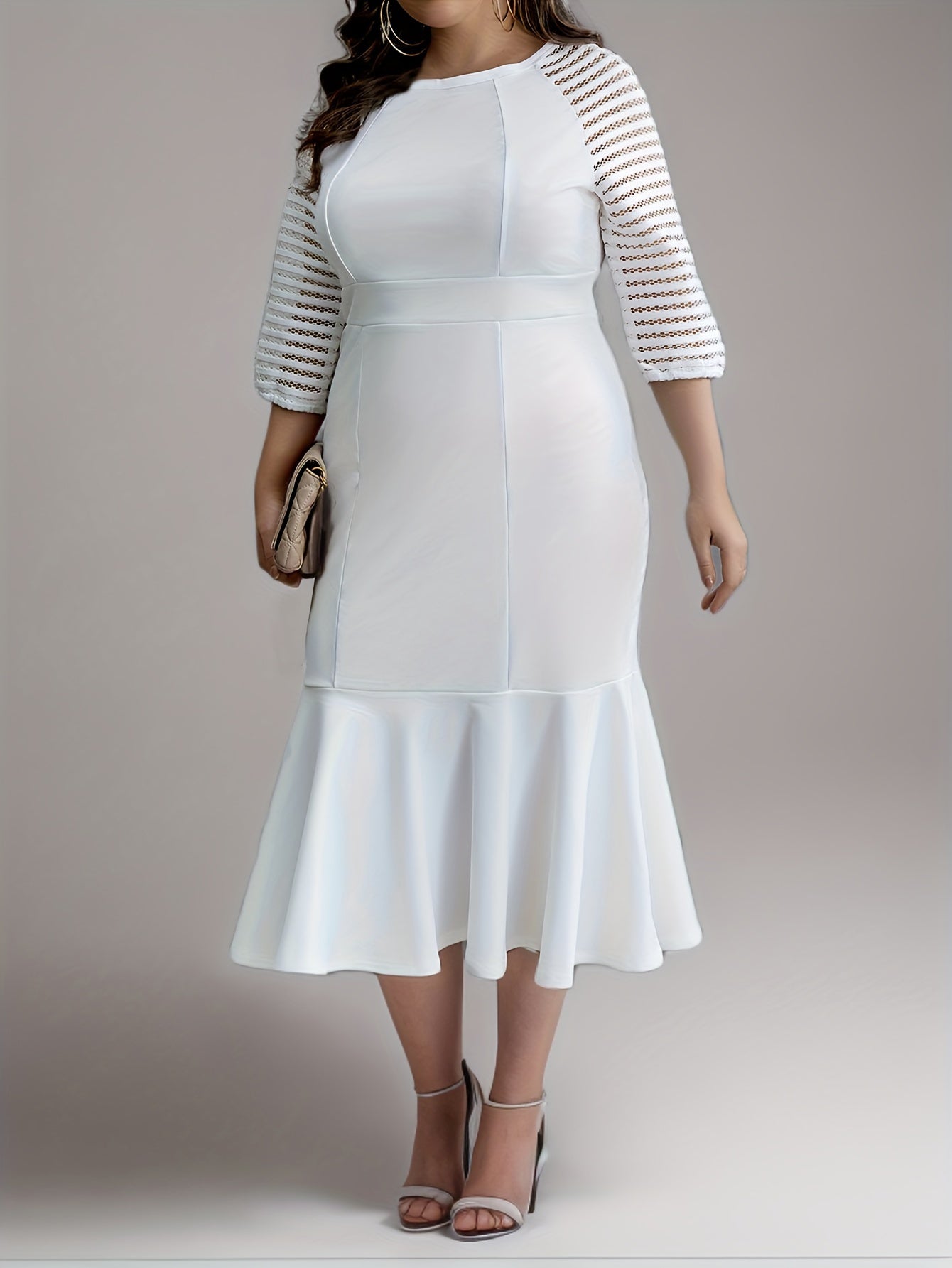 White Plus Size Womens Elegant Midi Mermaid Dress Half Sleeve Crew Neck-Elegant Fashion Styles