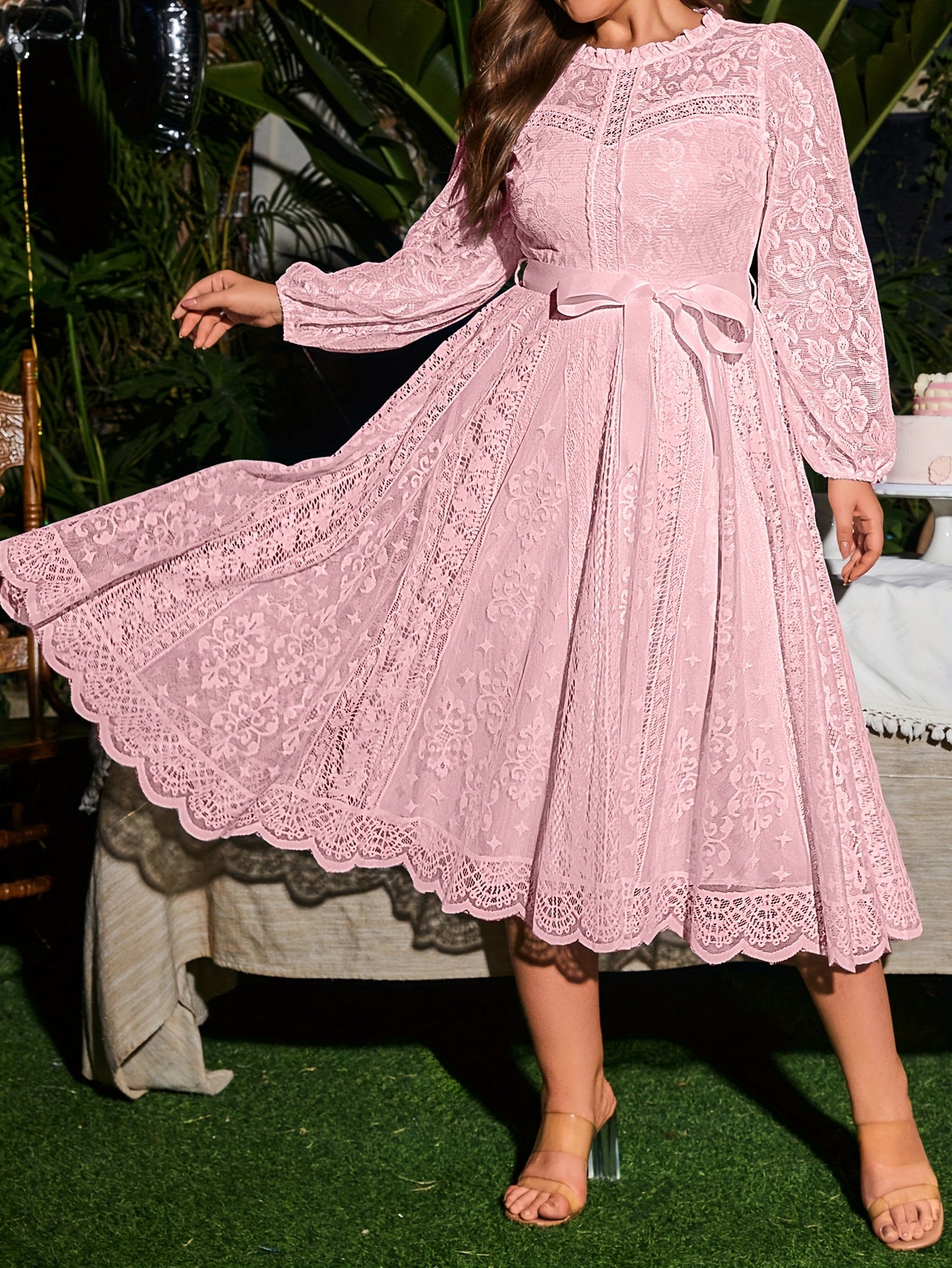 Plus Size Elegant Lace Dress High-Low Hem Tie Waist With Lantern Sleeves-Elegant Fashion Styles
