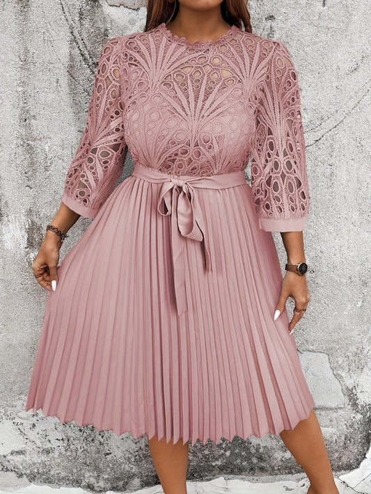 Pink Pleated Midi Dress with Lace Detailing Long Sleeves Belt Cute Dress-Elegant Fashion Styles