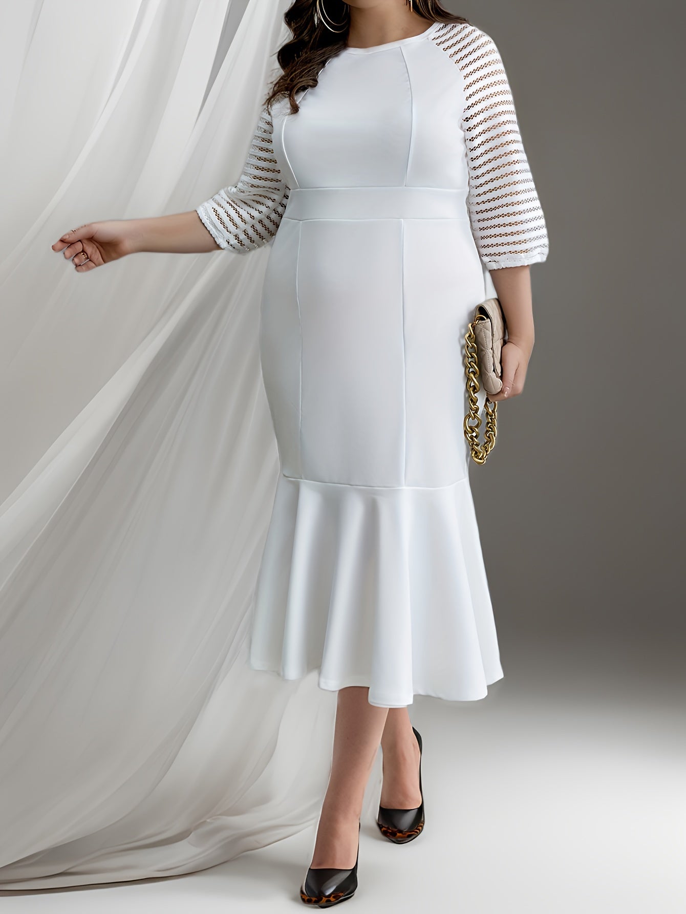 White Plus Size Womens Elegant Midi Mermaid Dress Half Sleeve Crew Neck-Elegant Fashion Styles