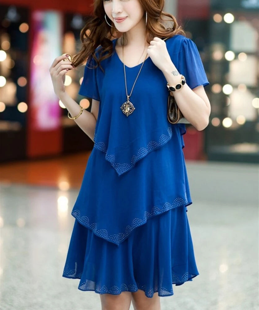 woman Loose Short sleeve Ruffles Chiffon dress Plus Size woman clothing