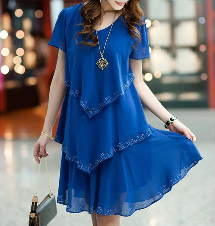 woman Loose Short sleeve Ruffles Chiffon dress Plus Size woman clothing