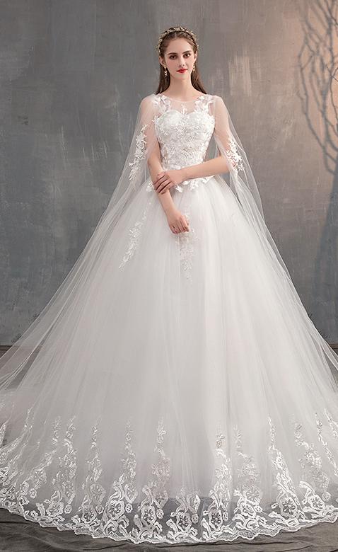 Wedding Dress With Long Cap Lace Wedding Gown With Long Train Embroidery Princess Plus Bridal Dress