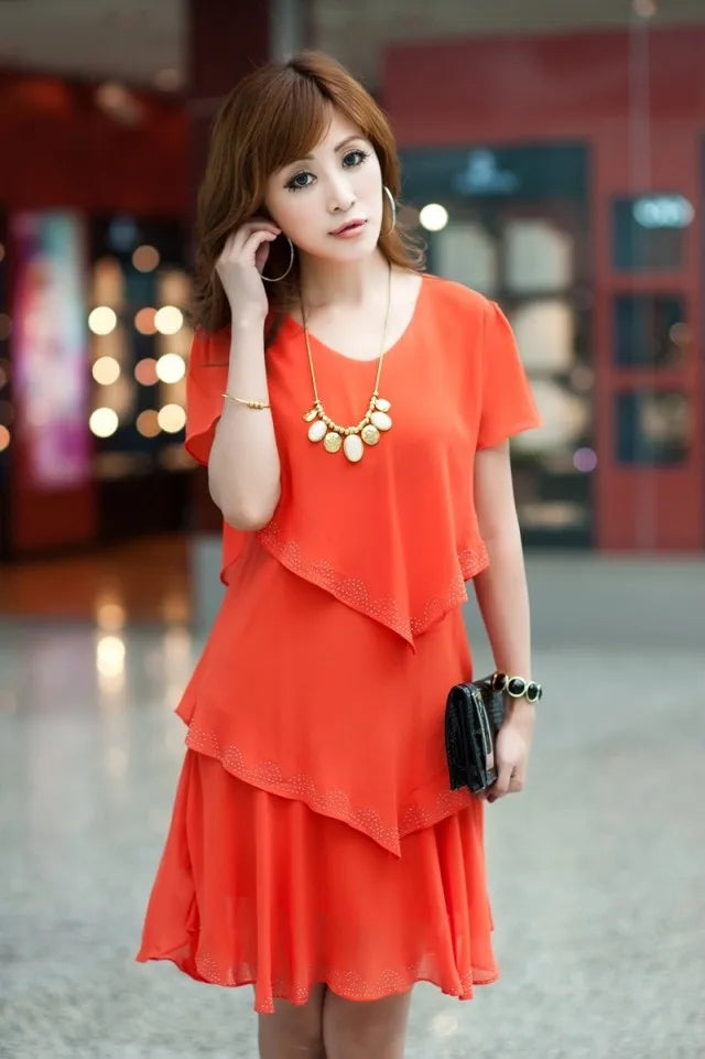 woman Loose Short sleeve Ruffles Chiffon dress Plus Size woman clothing
