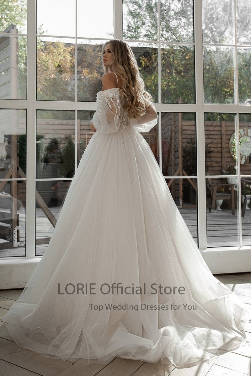 LORIE Glitter Wedding Dresses Puff Sleeve Appliques Lace 3D Flowers off Shoulder Tulle Boho Bride Gown 2021 vestidos de novia