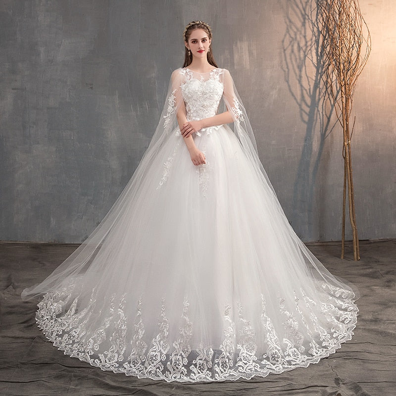 Wedding Dress With Long Cap Lace Wedding Gown With Long Train Embroidery Princess Plus Bridal Dress