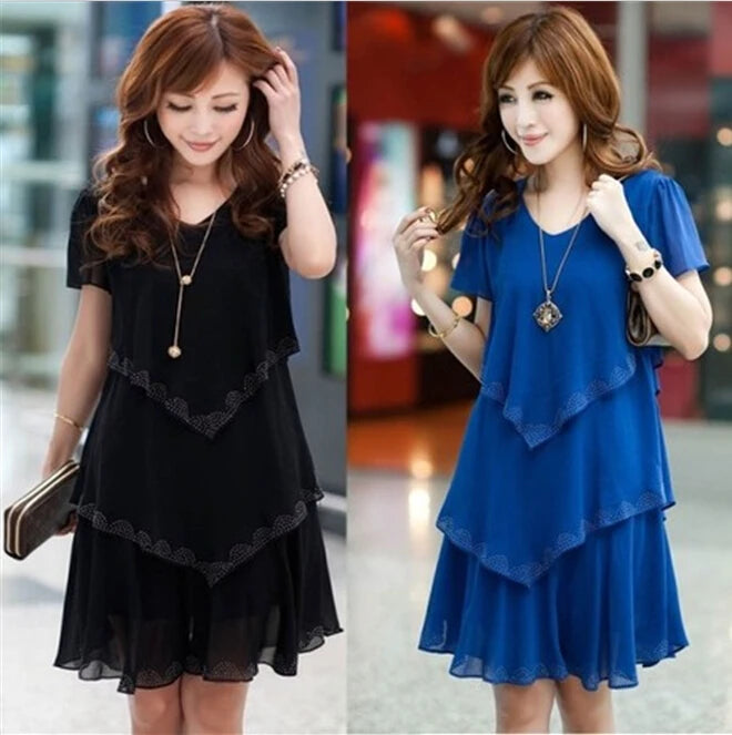 woman Loose Short sleeve Ruffles Chiffon dress Plus Size woman clothing