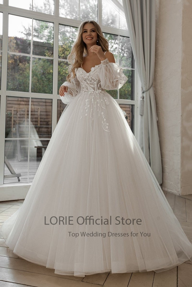LORIE Glitter Wedding Dresses Puff Sleeve Appliques Lace 3D Flowers off Shoulder Tulle Boho Bride Gown 2021 vestidos de novia