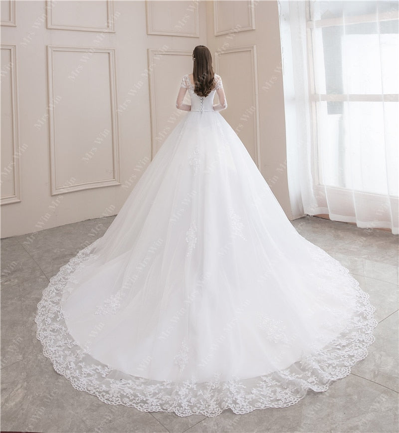 Luxury Full Sleeve Sexy V-neck Bride Dress With Train Ball Gown Princess Classic Wedding Gowns
