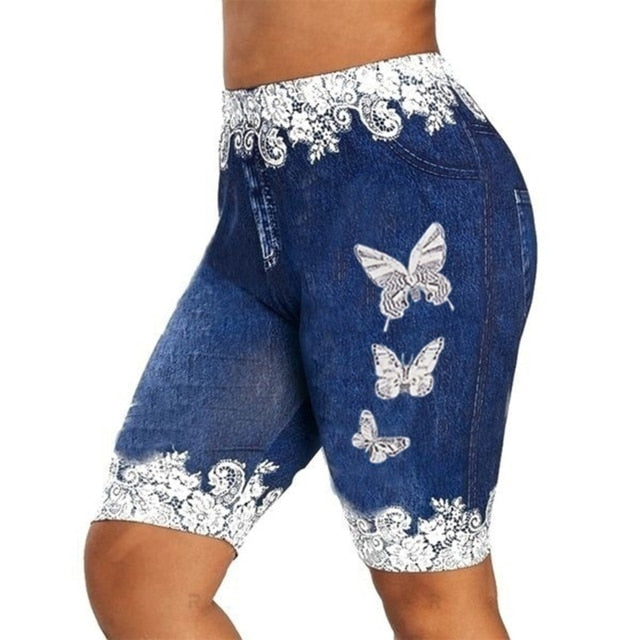 Women Pants Shorts Leggings Denim Ladies Short Pants Summer Floral Printed High Waist