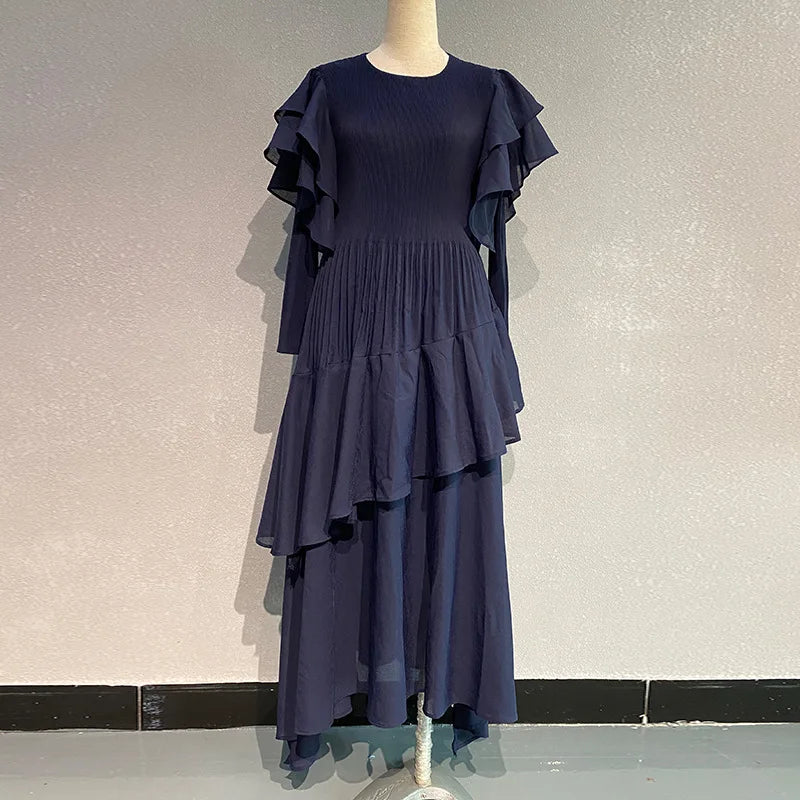 Fashion Pleated Long Dress Long Sleeve Pleated Dresses