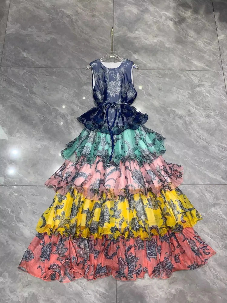 Women's Sleeveless Tie-Waist Ruffle Tiered Midi Dress Party Vacation Dress