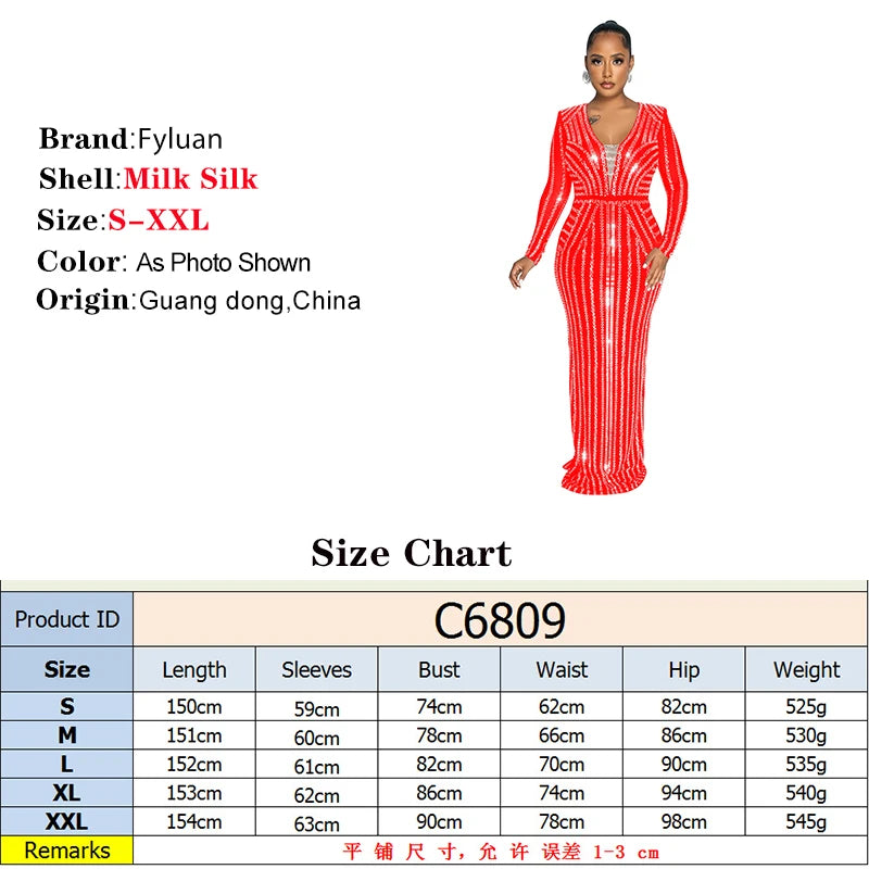Black Sparkle Rhinestone Maxi Dress Fashion Long Sleeve V Neck Elegant Slim Long Party
