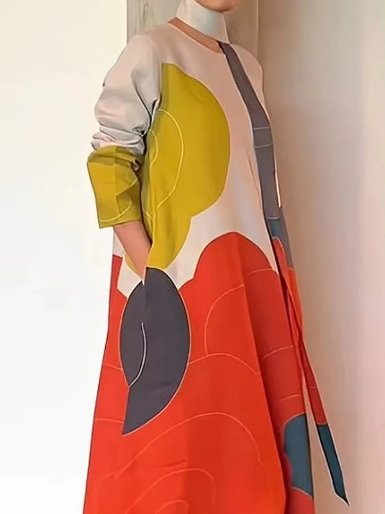 Spring Stylish Dress Women Long Sleeves Loose Fit Maxi Dress with Scarf Party Dresses