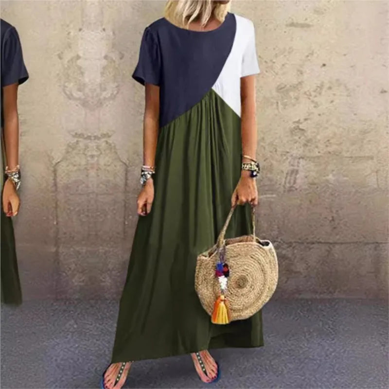 Spring And Summer Women's  Splicing Dress Casual Short Sleeved Round Neck Beach Long Dress