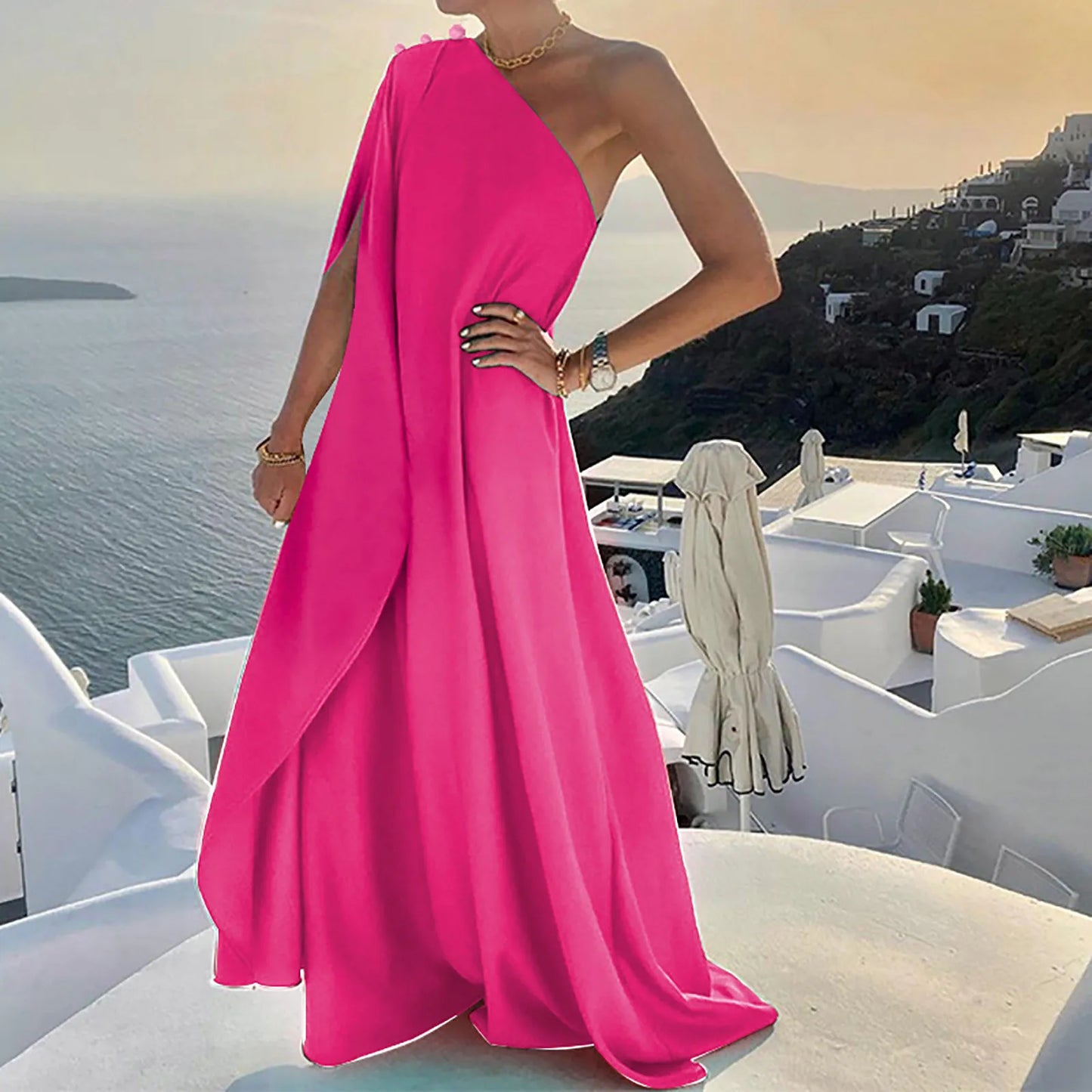 One Shoulder Swing Dresses Elegant Ladies Wedding Party Sleeveless Maxi Dress