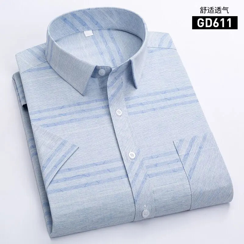 Men's Short-Sleeved White Dress Shirts Classic Plaid Stripes Cotton Slim Business Casual
